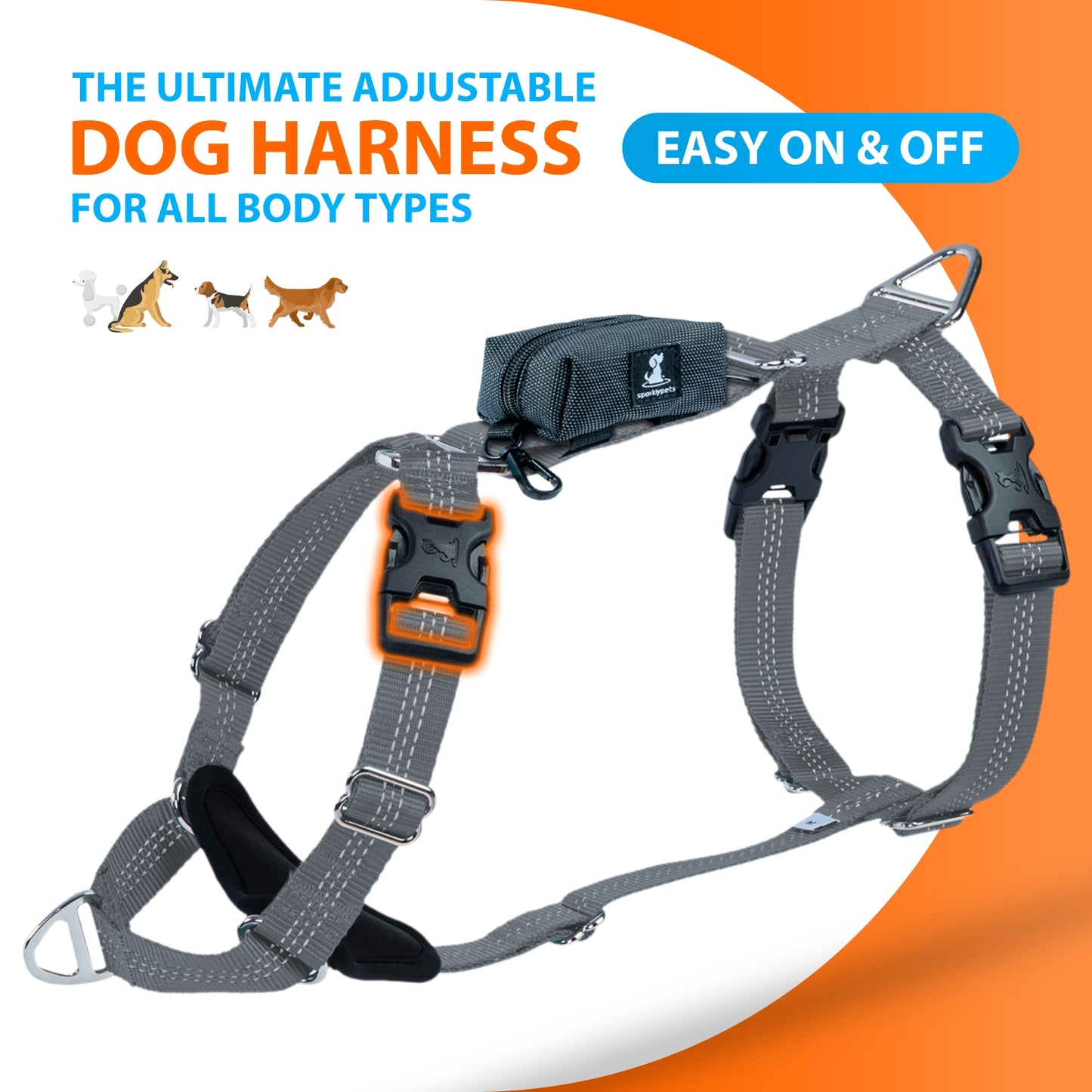 Easy Clip Dog Walk Harness for Medium & Large Breeds with Poop Bag Holder